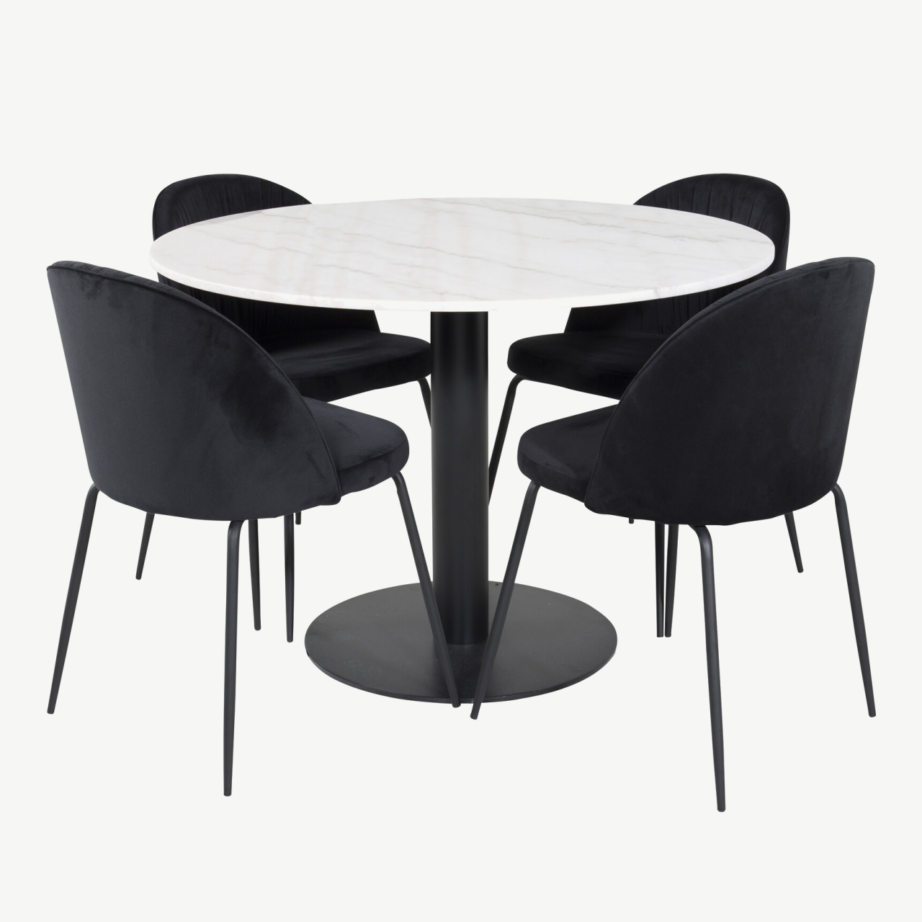 Estelle ümmarguse marmorist söögilaua komplekt, musta sametiga toolid (ø 106 cm, valge/must), GR20648