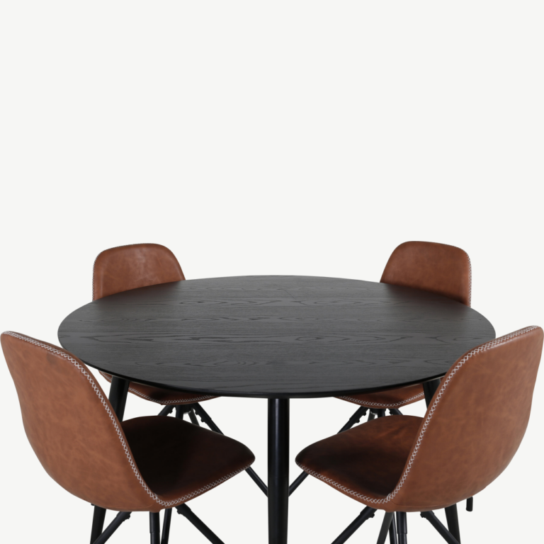 Ümmargune söögilauakomplekt Dipp (must spoon, Ø115 cm) ja Polar söögitoolid (pruun PU) - GR20658