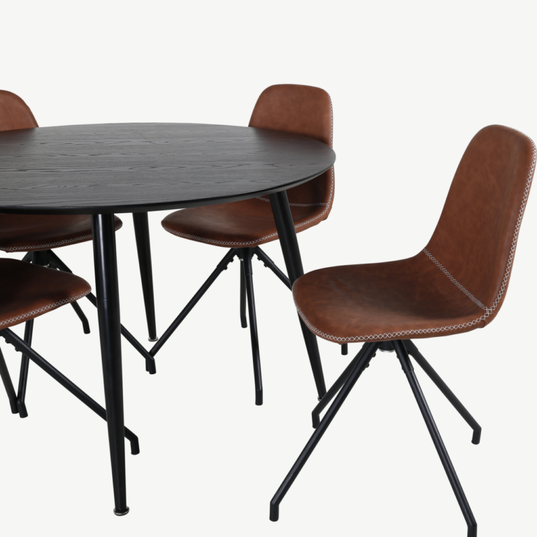 Ümmargune söögilauakomplekt Dipp (must spoon, Ø115 cm) ja Polar söögitoolid (pruun PU) - GR20658
