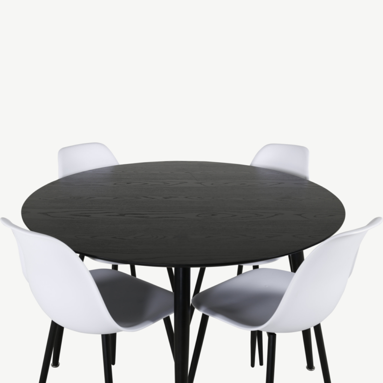 Ümmargune söögilauakomplekt Dipp (must laud, valged Polar toolid, ø115 cm) - GR20661