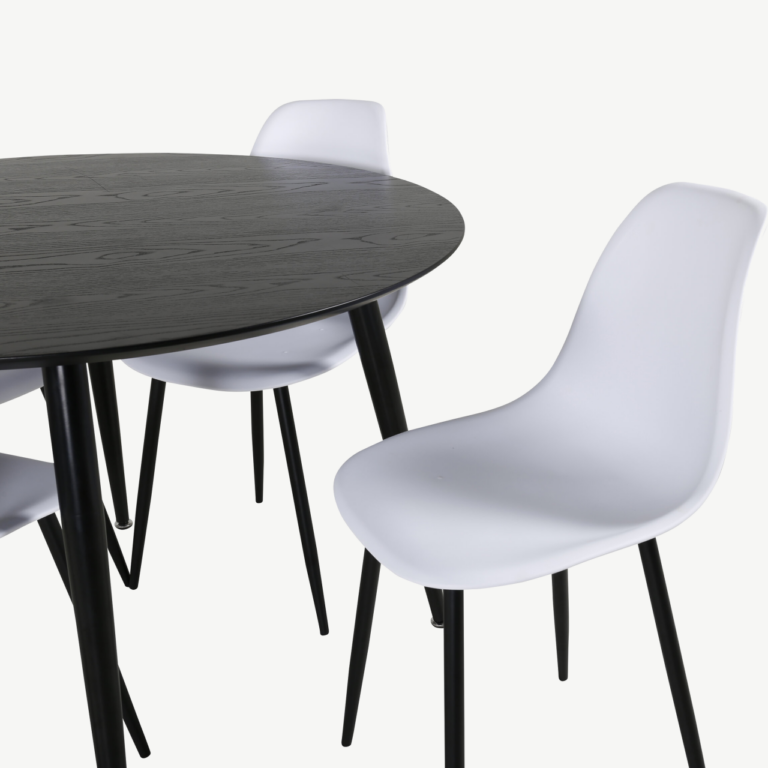 Ümmargune söögilauakomplekt Dipp (must laud, valged Polar toolid, ø115 cm) - GR20661