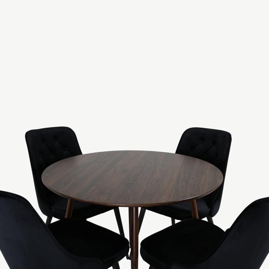 Plaza ümmargune söögilauakomplekt, pähklitooniga laud ja mustad samettoolid, GR20662 – 2