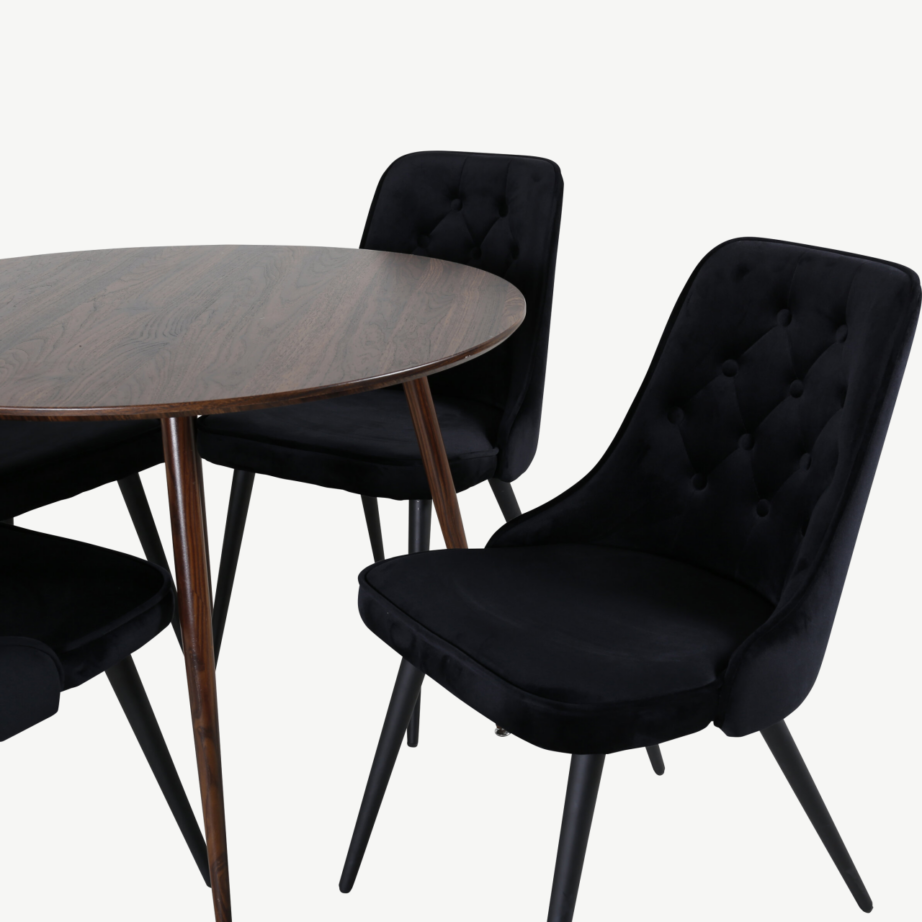 Plaza ümmargune söögilauakomplekt, pähklitooniga laud ja mustad samettoolid, GR20662 – 3