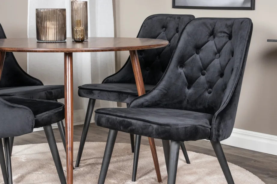 Plaza ümmargune söögilauakomplekt, pähklitooniga laud ja mustad samettoolid, GR20662 – 5