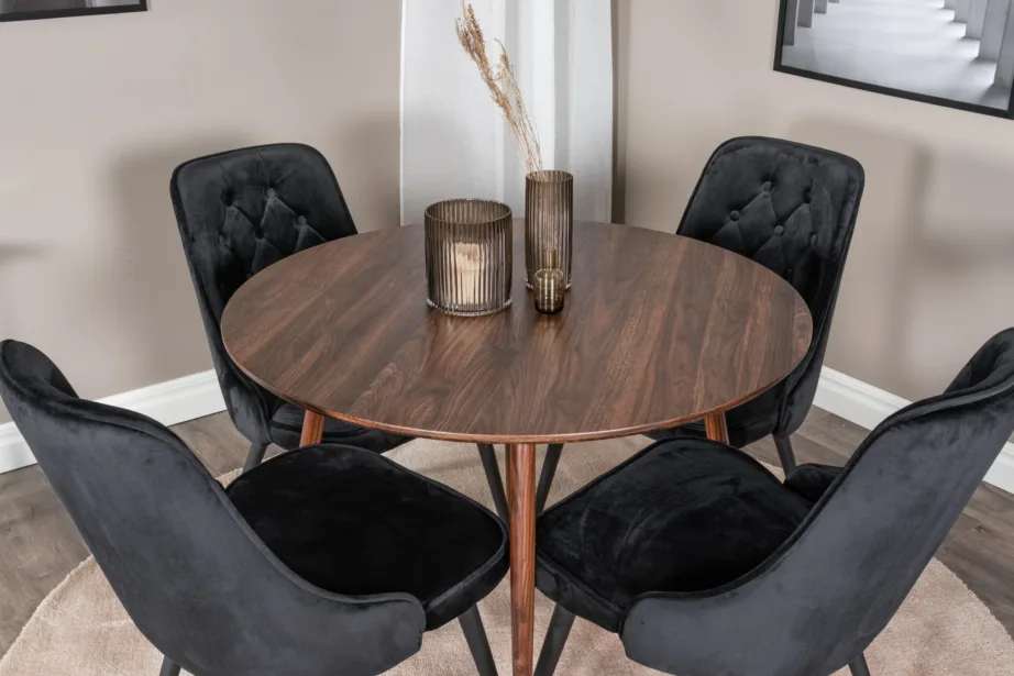 Plaza ümmargune söögilauakomplekt, pähklitooniga laud ja mustad samettoolid, GR20662 – 6