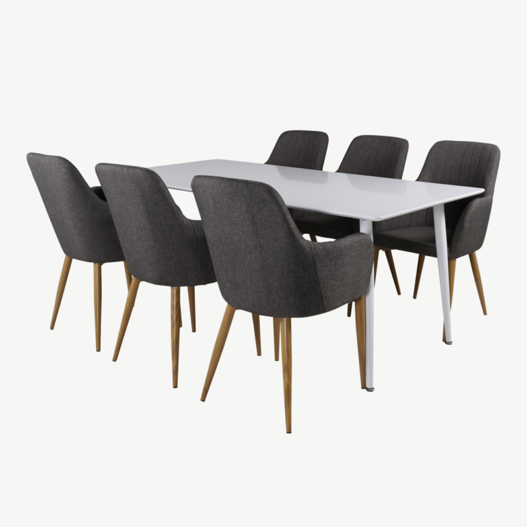 Polar söögitoa komplekt: valge MDF laud ja 6 tumehalli polsterdatud tooli (tammepuidu imitatsiooniga jalad) - GR20663