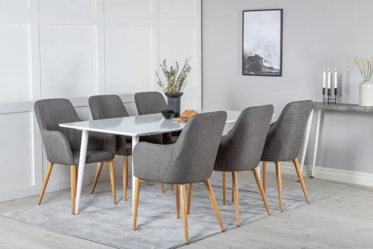 Polar söögitoa komplekt: valge MDF laud ja 6 tumehalli polsterdatud tooli (tammepuidu imitatsiooniga jalad) - GR20663