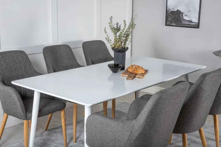 Polar söögitoa komplekt: valge MDF laud ja 6 tumehalli polsterdatud tooli (tammepuidu imitatsiooniga jalad) - GR20663
