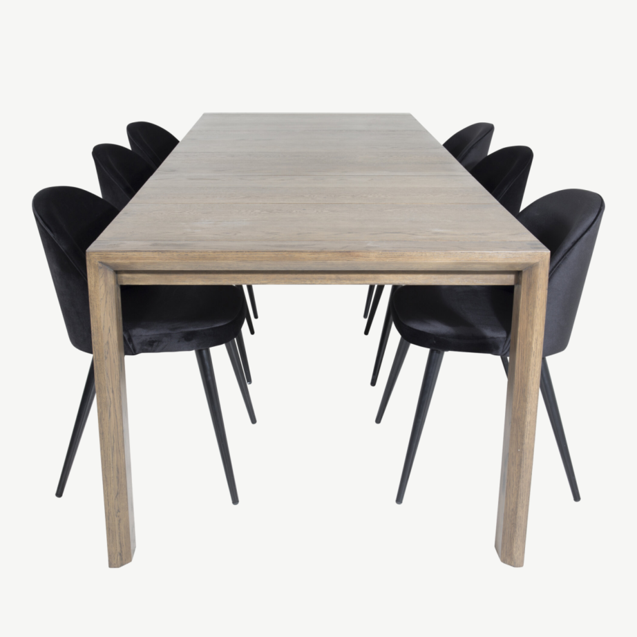 Tammepuidust pikendatav söögilaud Slider ning musta sametkattega toolide komplekt, GR20738 – 2