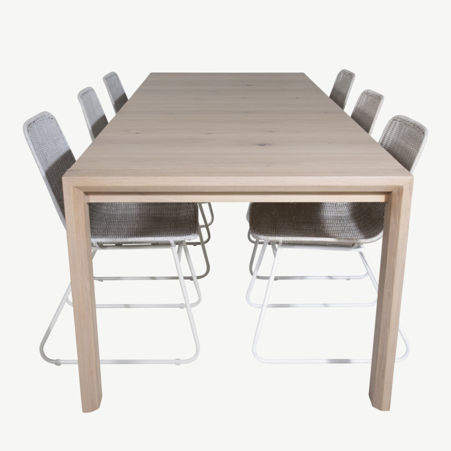 Pikendatav tammepuidust söögilaud Slider ning valge peitsiga rotangist toolid Cirebon, GR20740 – 2