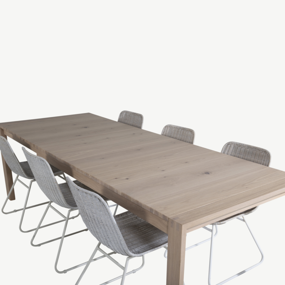 Pikendatav tammepuidust söögilaud Slider ning valge peitsiga rotangist toolid Cirebon, GR20740 – 4