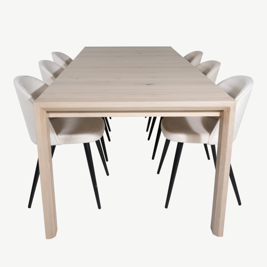 Pikendatav valge tammesöögilaud sametpolstriga toolidega – põhjamaine söögitoakomplekt Slider, GR20751 – 2