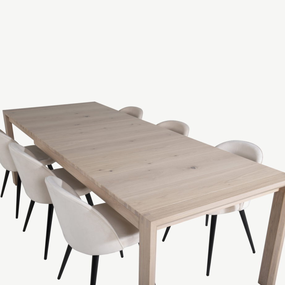Pikendatav valge tammesöögilaud sametpolstriga toolidega – põhjamaine söögitoakomplekt Slider, GR20751 – 4