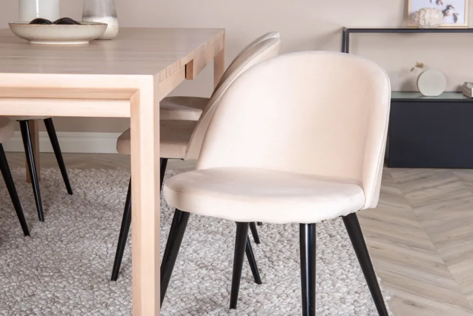 Pikendatav valge tammesöögilaud sametpolstriga toolidega – põhjamaine söögitoakomplekt Slider, GR20751 – 7