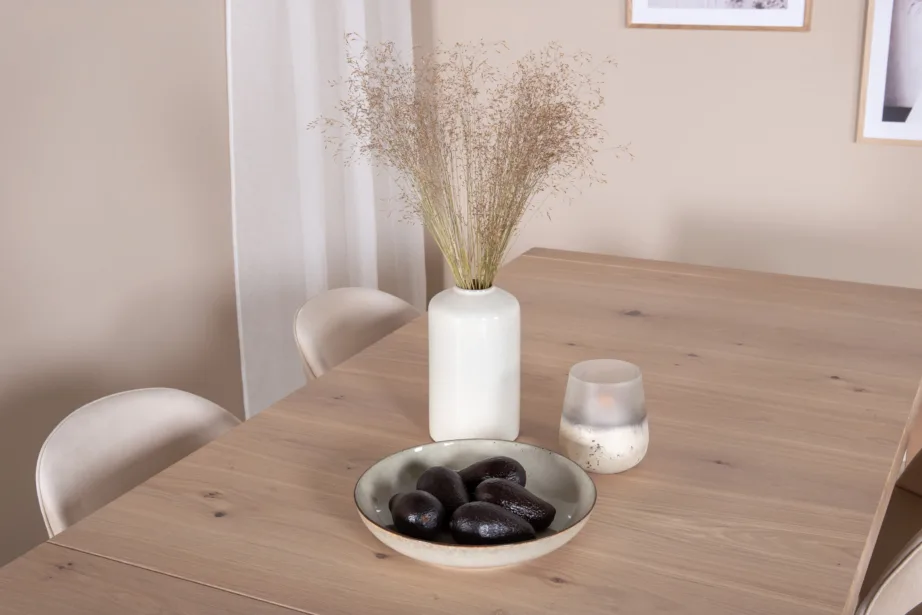 Pikendatav valge tammesöögilaud sametpolstriga toolidega – põhjamaine söögitoakomplekt Slider, GR20751 – 9