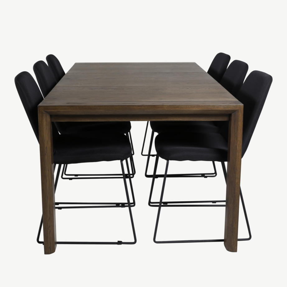 Pikendatav tammepuidust söögilaud Polar mustade polsterdatud söögitoolidega, GR20772 – 2