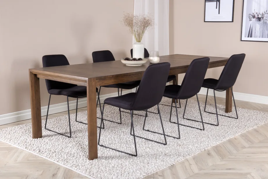 Pikendatav tammepuidust söögilaud Polar mustade polsterdatud söögitoolidega, GR20772 – 6