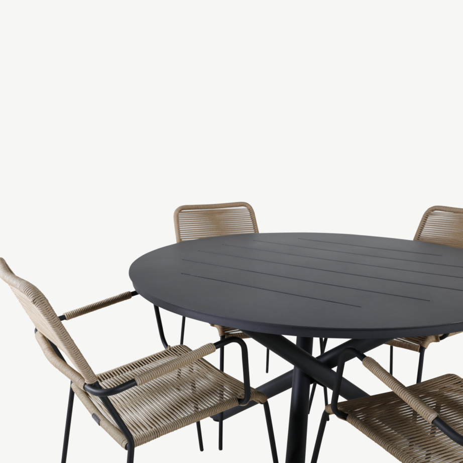 Alma ümmargune aiakomplekt (must alumiinium, latte-pruun köis, laud ø120 cm, 4 tooli), GR21275 – 3