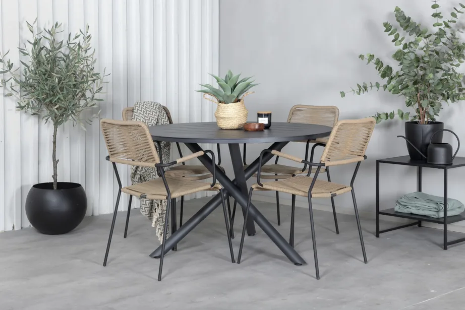 Alma ümmargune aiakomplekt (must alumiinium, latte-pruun köis, laud ø120 cm, 4 tooli), GR21275 – 4