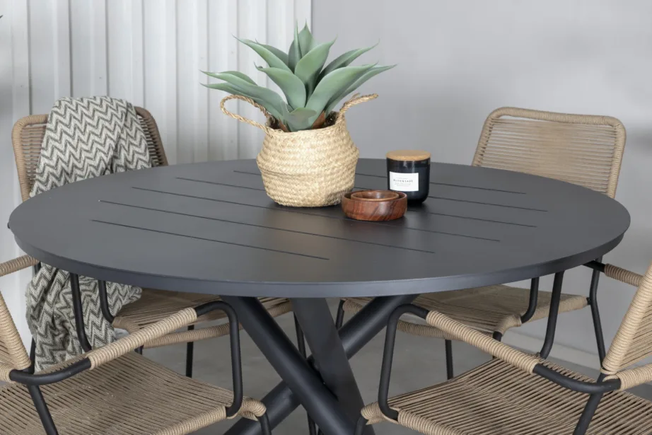 Alma ümmargune aiakomplekt (must alumiinium, latte-pruun köis, laud ø120 cm, 4 tooli), GR21275 – 6