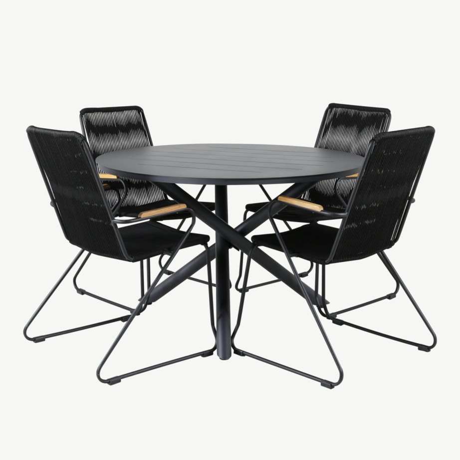 Ümmargune must aiasöögikomplekt Alma lauaga ja Bois käetugedega toolidega (alumiinium, akaatsiapuit, köispunutis), GR21279