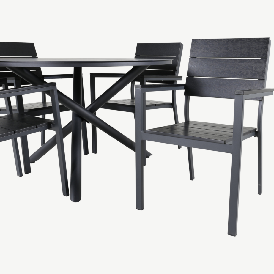 Alma ümmargune must aiamööblikomplekt alumiiniumist lauaga (ø120 cm) ja puitplastkomposiidist virnastatavate toolidega, GR21281 – 2