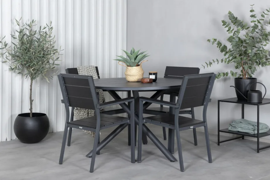 Alma ümmargune must aiamööblikomplekt alumiiniumist lauaga (ø120 cm) ja puitplastkomposiidist virnastatavate toolidega, GR21281 – 4