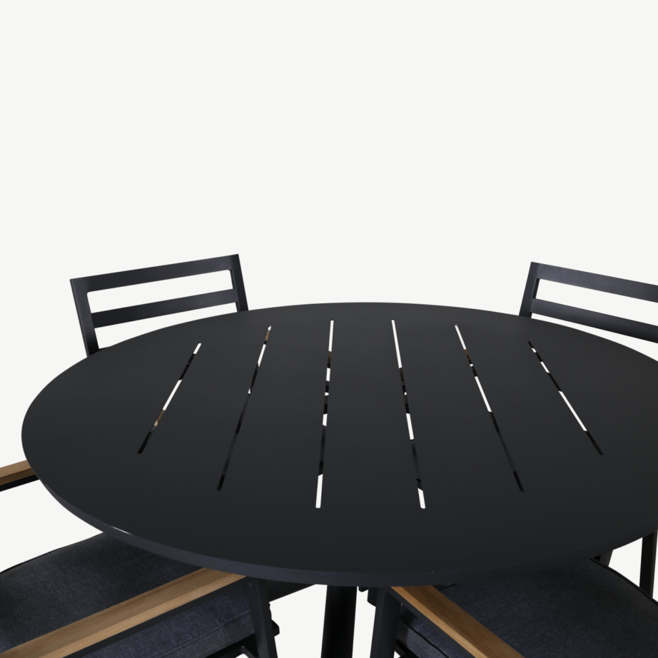 Ümmargune aiamööblikomplekt Alma mustade alumiiniumtoolide ja tiigipuu detailidega (⌀120 cm), GR21288 – 2