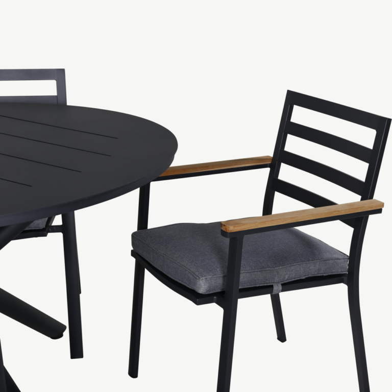Ümmargune aiamööblikomplekt Alma mustade alumiiniumtoolide ja tiigipuu detailidega (⌀120 cm) - GR21288