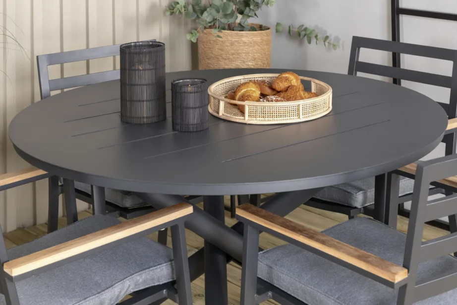 Ümmargune aiamööblikomplekt Alma mustade alumiiniumtoolide ja tiigipuu detailidega (⌀120 cm), GR21288 – 6