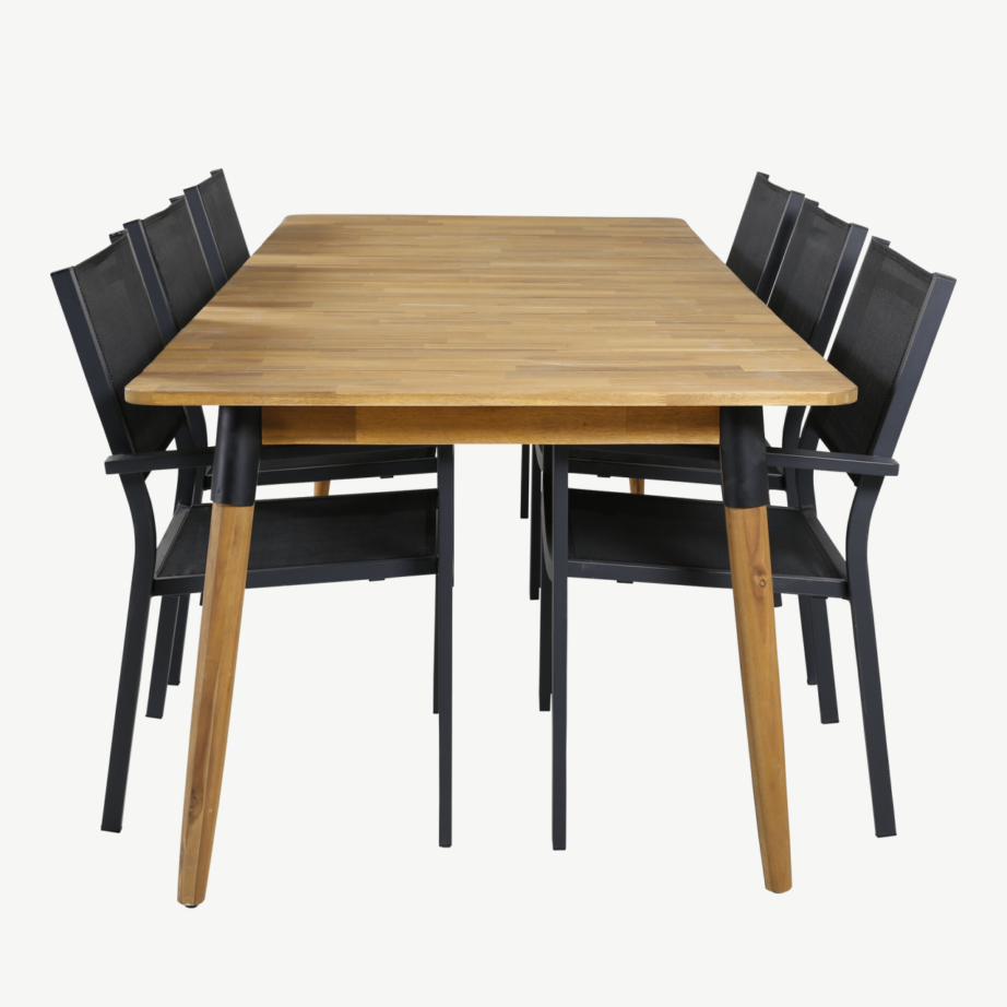 Akaatsiapuidust söögilaud Julian ja 6 musta alumiiniumraamiga Copacabana aiatooli, GR21324 – 2