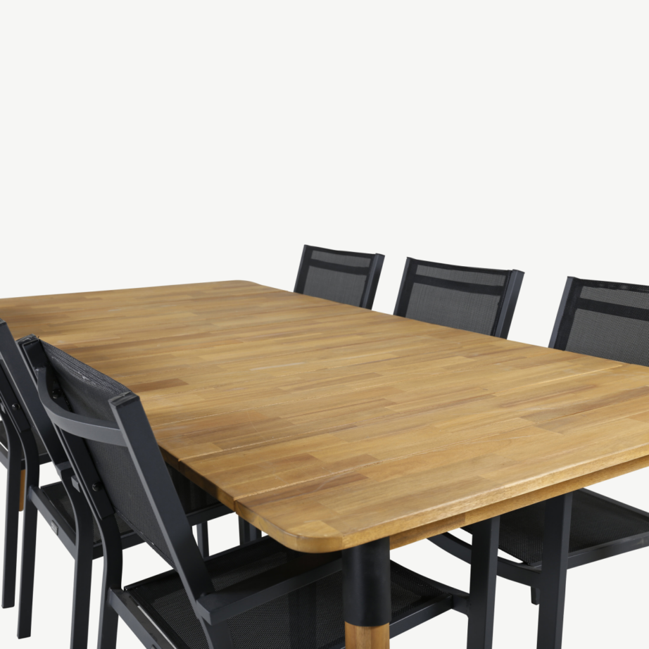 Akaatsiapuidust söögilaud Julian ja 6 musta alumiiniumraamiga Copacabana aiatooli, GR21324 – 4