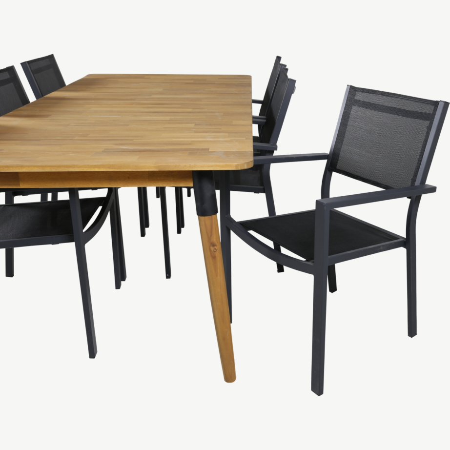 Akaatsiapuidust söögilaud Julian ja 6 musta alumiiniumraamiga Copacabana aiatooli, GR21324 – 8
