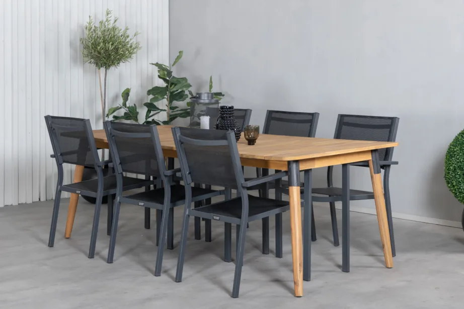 Akaatsiapuidust söögilaud Julian ja 6 musta alumiiniumraamiga Copacabana aiatooli, GR21324 – 3