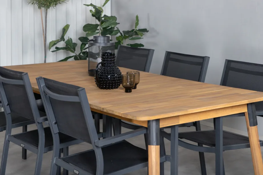 Akaatsiapuidust söögilaud Julian ja 6 musta alumiiniumraamiga Copacabana aiatooli, GR21324 – 6