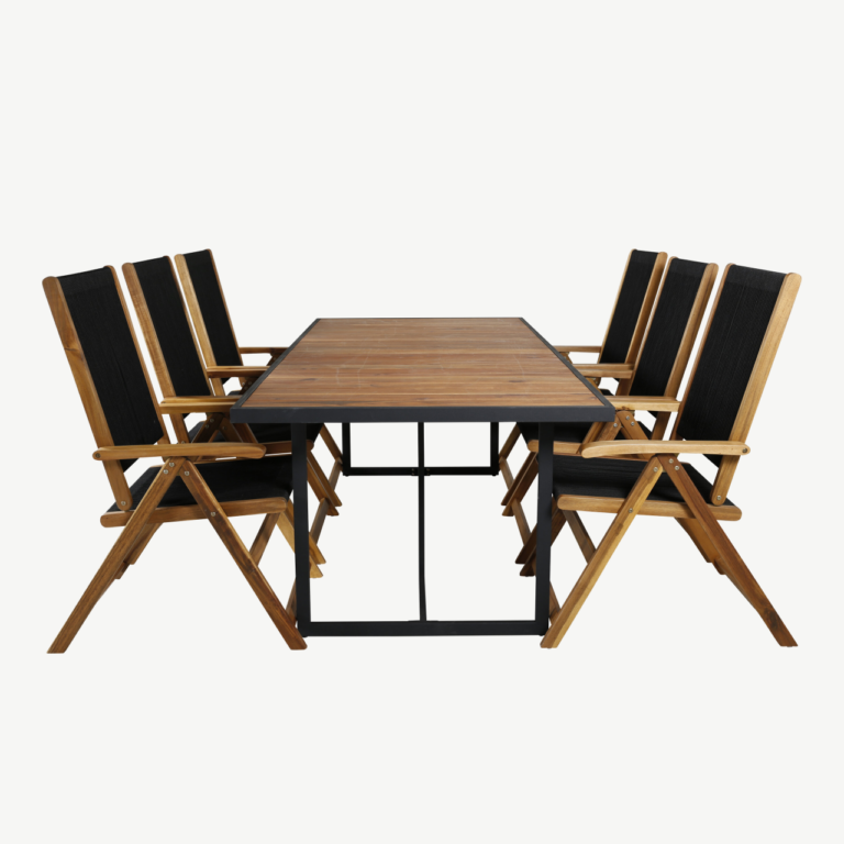 Khung ristkülikukujuline aiamööblikomplekt – akaatsiapuit, must teras, 200×100 cm laud ja reguleeritav Little John tool - GR21480