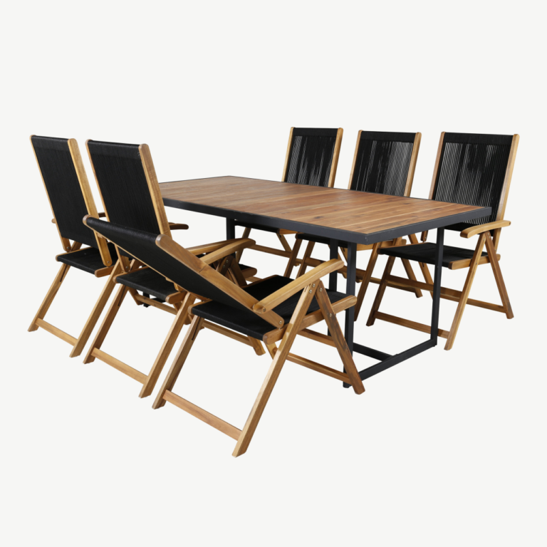Khung ristkülikukujuline aiamööblikomplekt – akaatsiapuit, must teras, 200×100 cm laud ja reguleeritav Little John tool - GR21480
