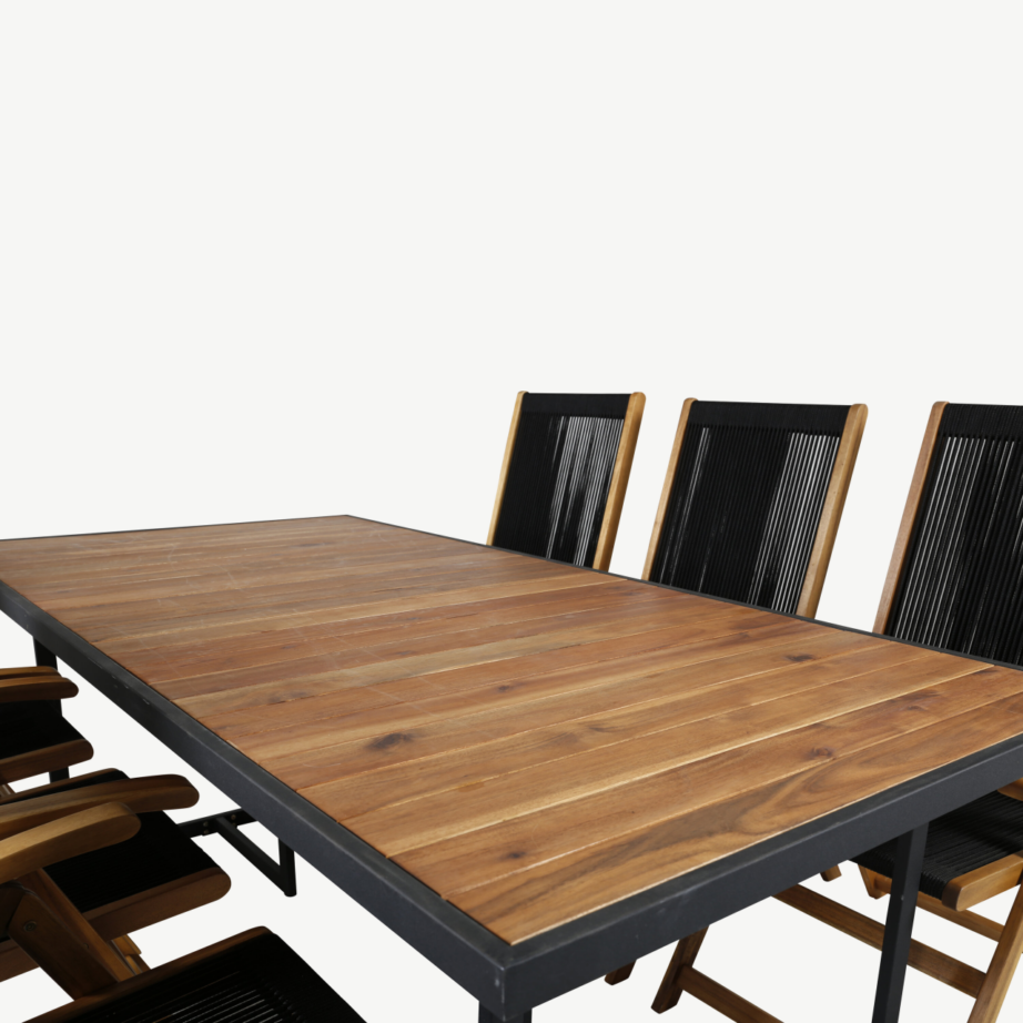 Khung ristkülikukujuline aiamööblikomplekt – akaatsiapuit, must teras, 200×100 cm laud ja reguleeritav Little John tool, GR21480 – 4