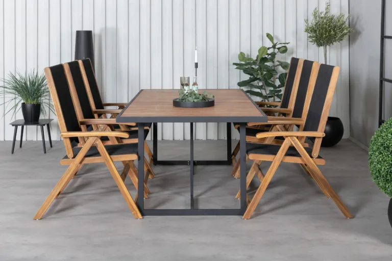Khung ristkülikukujuline aiamööblikomplekt – akaatsiapuit, must teras, 200×100 cm laud ja reguleeritav Little John tool - GR21480