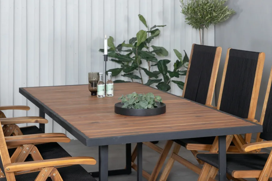 Khung ristkülikukujuline aiamööblikomplekt – akaatsiapuit, must teras, 200×100 cm laud ja reguleeritav Little John tool, GR21480 – 9
