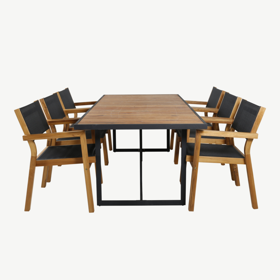 Akaatsiapuidust aiakomplekt Khung – musta terasraamiga laud ja virnastatavad toolid (6 tk), GR21482 – 2