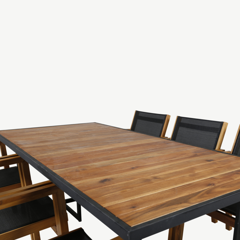 Akaatsiapuidust aiakomplekt Khung – musta terasraamiga laud ja virnastatavad toolid (6 tk), GR21482 – 3