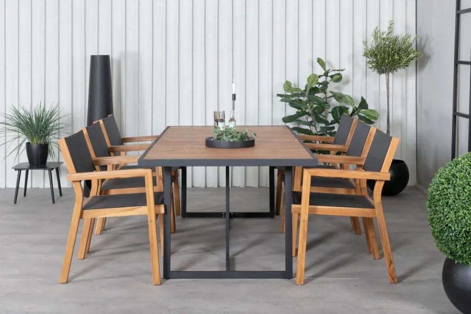 Akaatsiapuidust aiakomplekt Khung – musta terasraamiga laud ja virnastatavad toolid (6 tk), GR21482 – 5