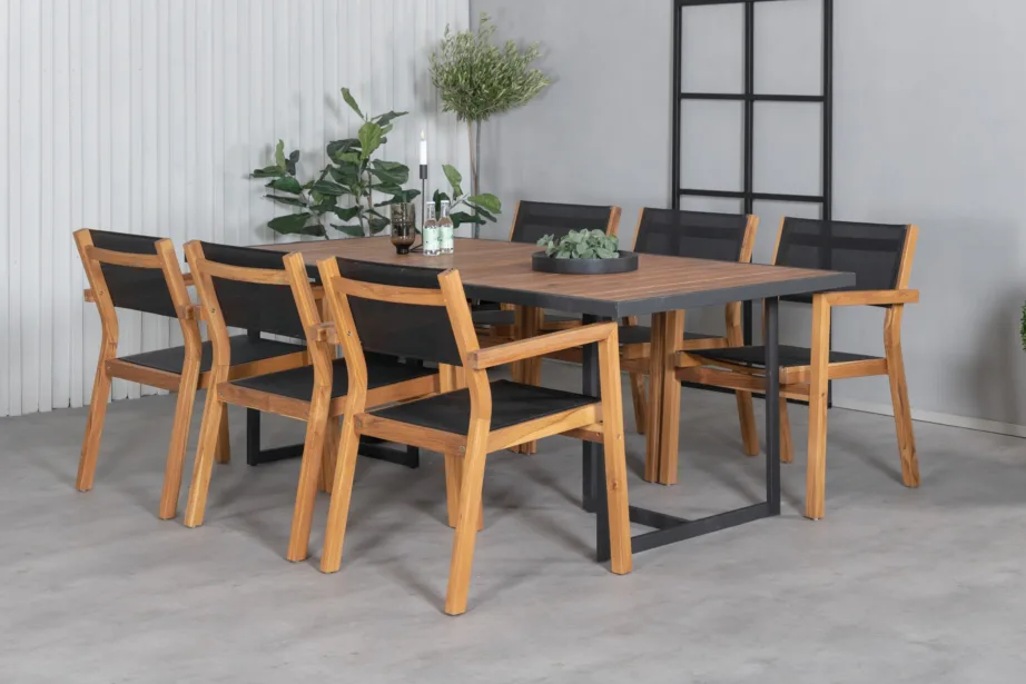 Akaatsiapuidust aiakomplekt Khung – musta terasraamiga laud ja virnastatavad toolid (6 tk), GR21482 – 6