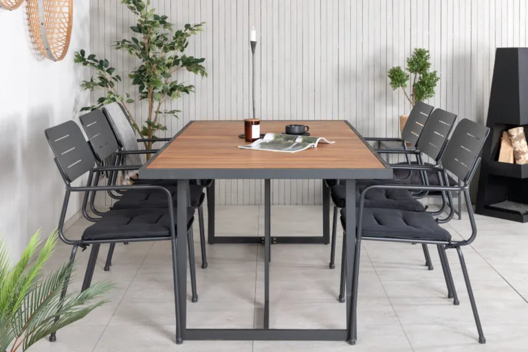 Khung ristkülikukujuline aiamööbli komplekt (akaatsiapuit, must teras, 8-kohaline) - GR21483
