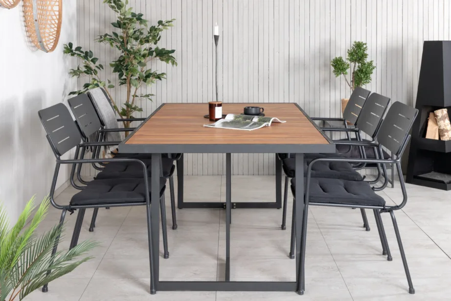 Khung ristkülikukujuline aiamööbli komplekt (akaatsiapuit, must teras, 8-kohaline), GR21483 – 5