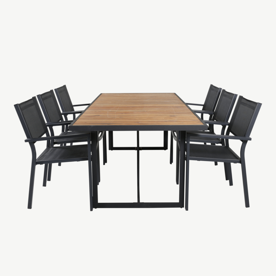 Ristkülikukujuline aiamööbli komplekt Khung – aktsiapuidust laud ja 6 musta virnastatavat tooli, GR21488 – 2