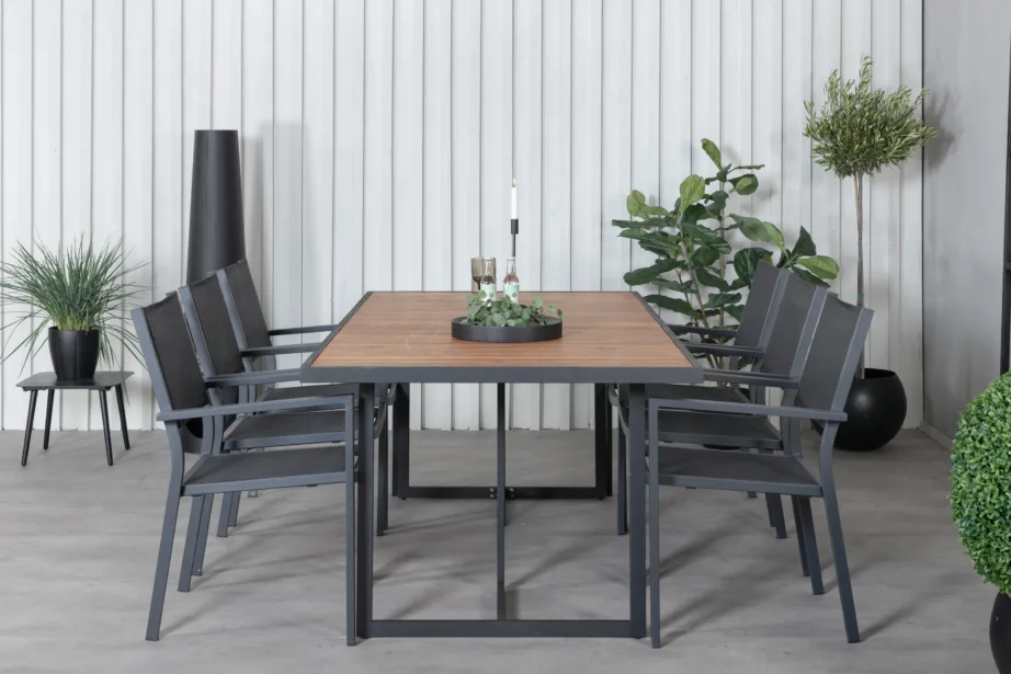 Ristkülikukujuline aiamööbli komplekt Khung – aktsiapuidust laud ja 6 musta virnastatavat tooli, GR21488 – 5