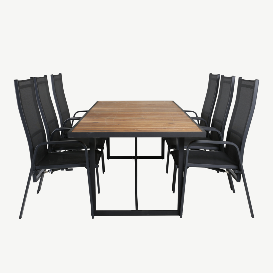 Ristkülikukujuline aiamööbli komplekt Khung – akaatsiapuidust laud ja mustad reguleeritavad Copacabana aiatoolid, GR21489 – 2