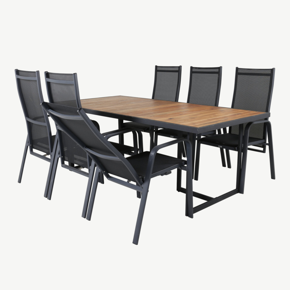 Ristkülikukujuline aiamööbli komplekt Khung – akaatsiapuidust laud ja mustad reguleeritavad Copacabana aiatoolid, GR21489 – 3